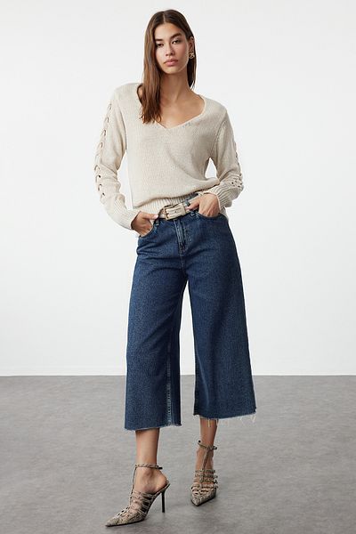 Trendyol Collection Pulover din tricotaj cu decolteu în V din bumbac ajurat/ajurat cu aspect mercerizat TWOAW24KZ01217