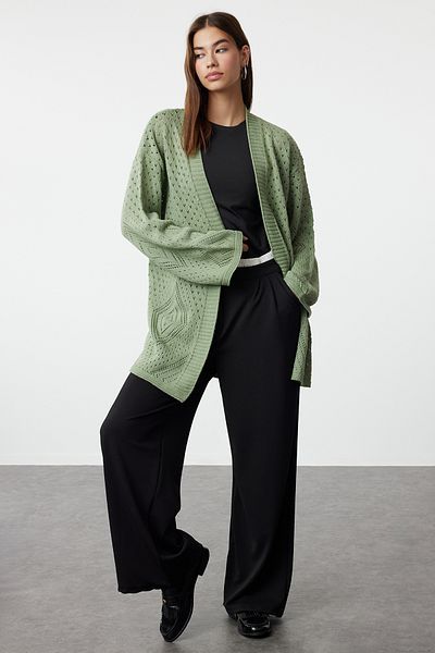 Trendyol Collection Mint Openwork/Hole Wide Fit Midi Knitwear Cardigan - Twoaw24Hi00331