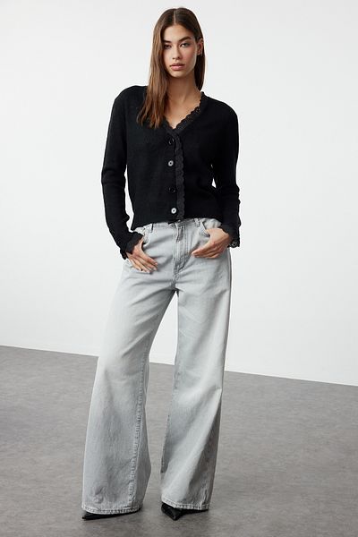 Trendyol Collection Soft Knitwear Cardigan - Black with Lace Detail TWOAW24HI00131