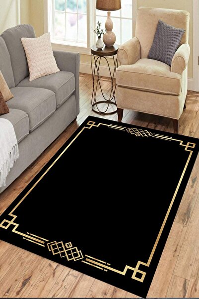 ESTA HALI Gold Çerçevesi Motifli Siyah Halı makinada Yıkanabilir Dot/keçe Taban - Cp1054