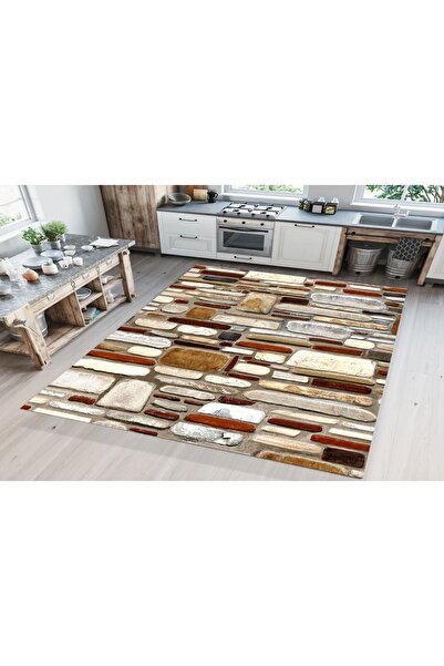 WOOLLY HOME COLLECTİON Kiremit Taş Desenli Yıkanabilir Kaymaz Deri Taban W084...