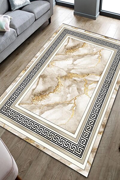 CAPPİO HALI Gold Detaylı Mermer Desenli Şeritli Halı Makinada Yıkanabilir Kay...