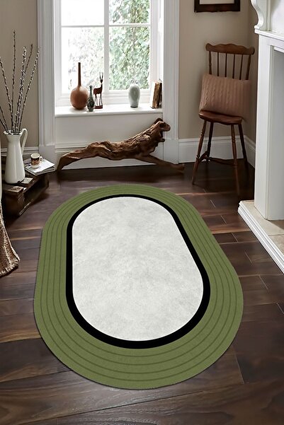 WOOLLY HOME COLLECTİON Haki Yeşili-siyah Şeritli Oval Halı (makinada Yıkanabi...
