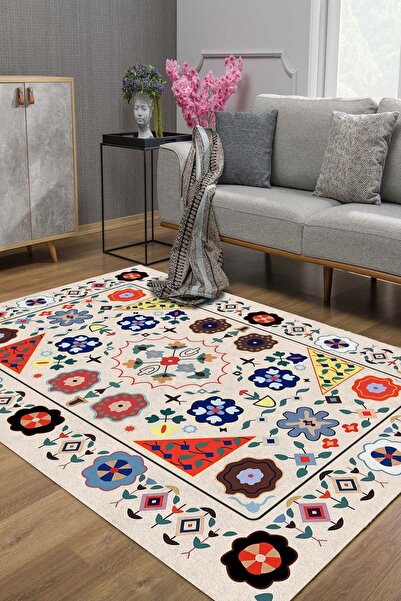 ESTA HALI Krem Çiçekli Kilim Desenli Halı (makinada Yıkanabilir Dot/keçe Taba...