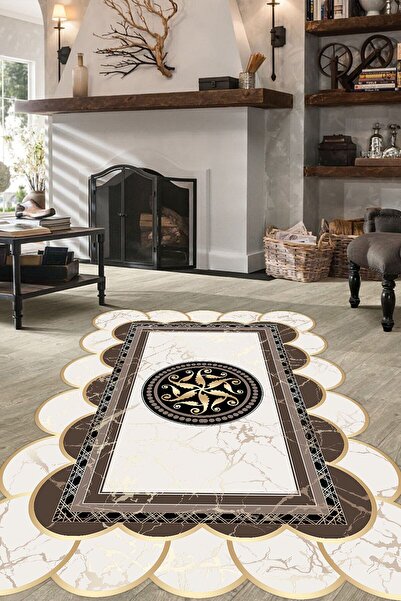 CAPPİO HALI Lazer Kesim Gold Mermer Desen Siyah Çerçeve Halı (makinada Yıkana...