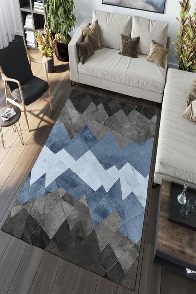 ESTA HALI Mavi Kahve Tonlu Halı Kaymaz Taban Halı (MAKİNADA YIKANABİLİR DOT/KEÇE TABAN) - Wlly035