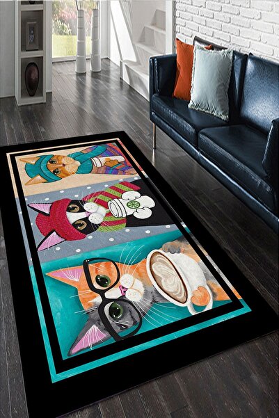 CAPPİO HALI Kedi Desenli Siyah Tabanlı Halı (makinada Yıkanabilir Kaymaz Deri...