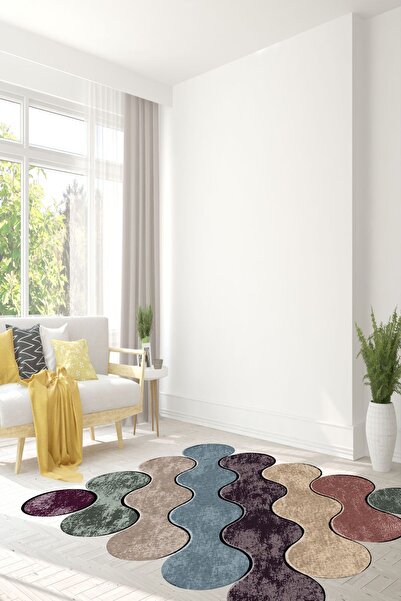 CAPPİO HALI Bulut Desenli Yeşil-koyu Pudra Mavi Lazer Kesim Halı Makinada Yık...