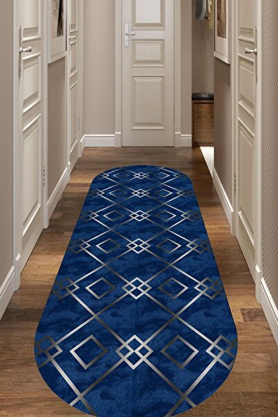 CAPPİO HALI Prizma Desenli Dokulu Mavi Oval Halı (kaymaz Deri Taban Makinada ...