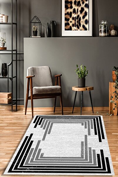CAPPİO HALI Siyah-gri Çizgisel Orantılı Halı (makinada Yıkanabilir Kaymaz Dot...