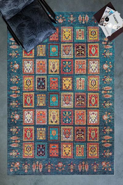 ESTA HALI Mavi Afgan Desenli Halı (makinada Yıkanabilir Dot/keçe Taban) - Cp649