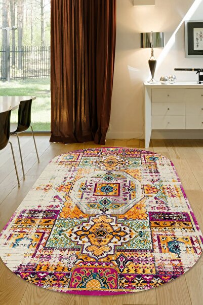 CAPPİO HALI Dijital Baskılı Makinada yıkanabilir Oval Salon Halısı Mutfak Hal...