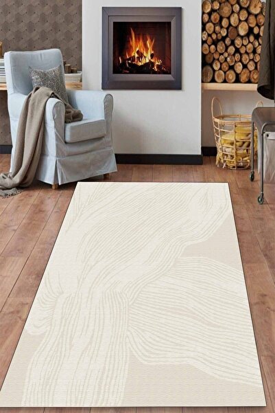 CAPPİO HALI Silik Çizgi Desenli Krem Halı makinada Yıkanabilir Kaymaz Dot Tab...