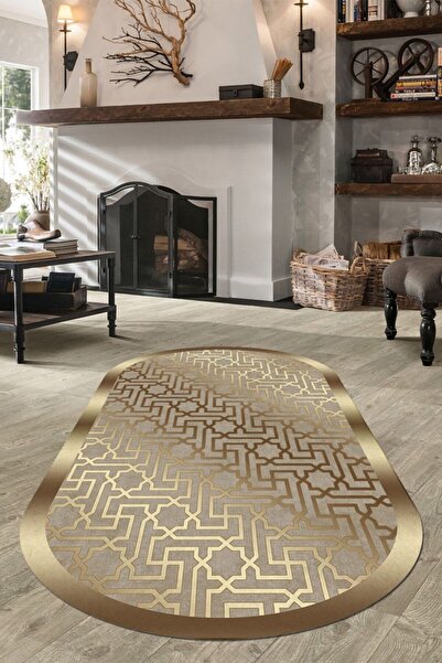 CAPPİO HALI Gold Geçişli Modern Oval Halı makinada Yıkanabilir Kaymaz Dot Tab...