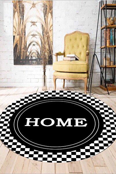 WOOLLY HOME COLLECTİON Siyah Dama Desenli Yuvarlak Halı Kaymaz Deri Taban wll018