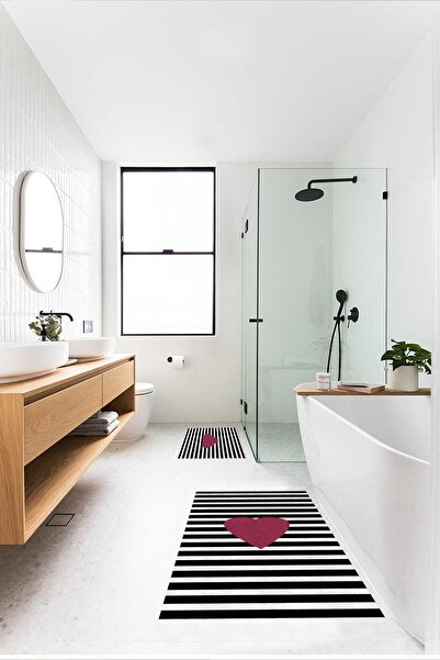 CAPPİO HALI Siyah Beyaz Çizgili Kalpli 2'li Halı Takımı (60x100/40x60) - Cp283