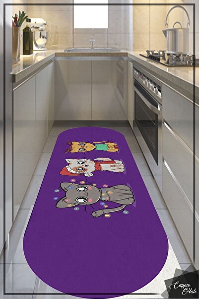 CAPPİO HALI Sevimli Kedi Desenli Mor Oval Halı (makinada Yıkanabilir Kaymaz Deri Taban) - Cp822
