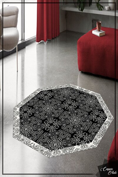 CAPPİO HALI Siyah Beyaz Full Motifli Sekizgen Yuvarlak Halı (makinada Yıkanab...