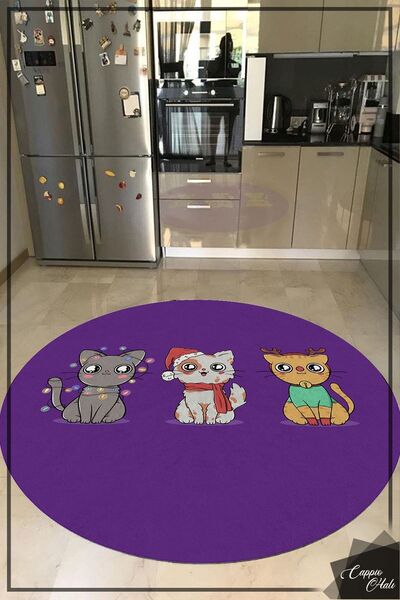 CAPPİO HALI Sevimli Kedi Desenli Mor Halı (makinada Yıkanabilir Kaymaz Deri T...