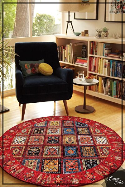 CAPPİO HALI Kırmızı Afgan Desenli Yuvarlak Halı (makinada Yıkanabilir Kaymaz ...
