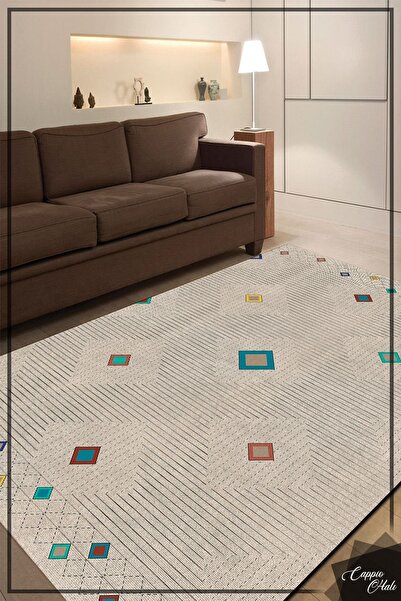 ESTA HALI Çizgili Krem Kilim Desenli Halı (makinada Yıkanabilir Dot/keçe Taba...