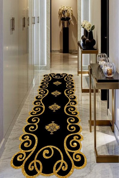 CAPPİO HALI Lazer Kesim Siyah-gold Halı Kaymaz Taban (kaymaz Deri Taban Makinada Yıkanabilir) - Cp1077