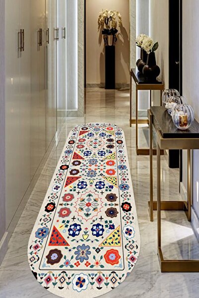 ESTA HALI Krem Çiçekli Kilim Desenli Oval Halı (makinada Yıkanabilir Dot/keçe...