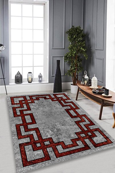 CAPPİO HALI Kırmızı Labirent Motifli Gri Halı (makinada Yıkanabilir Kaymaz Do...