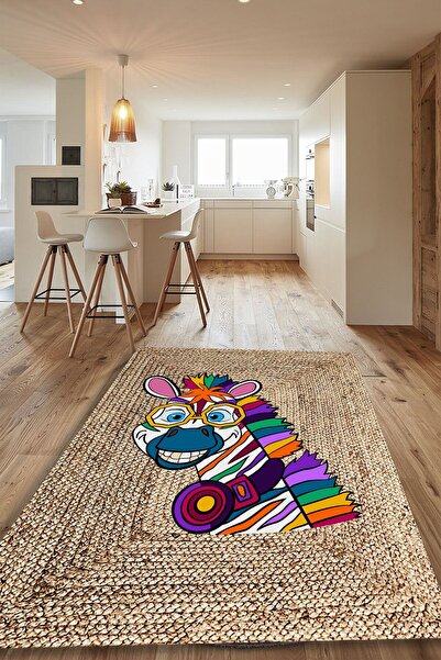 CAPPİO HALI Renkli Zebra Desenli Jüt Halı (makinada Yıkanabilir Kaymaz Dot Ta...