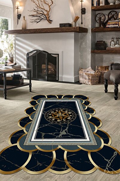 CAPPİO HALI Lazer Kesim Lacivert Mermer Desen Halı (makinada Yıkanabilir Kaym...