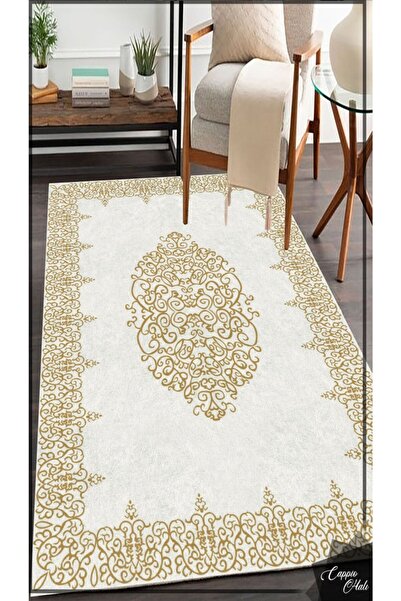 CAPPİO HALI Göbek Motifli Gold-beyaz Halı (makinada Yıkanabilir Kaymaz Dot Ta...