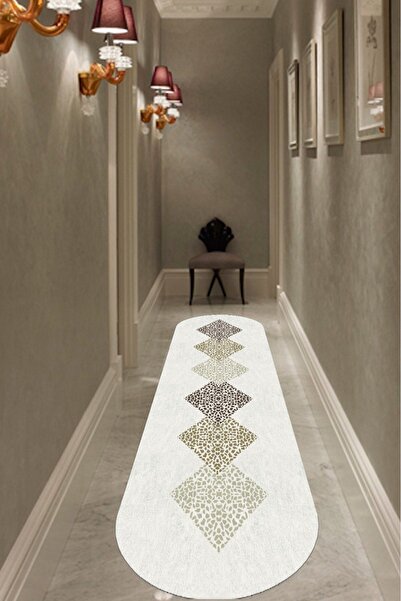 CAPPİO HALI Kare Taş Desenli Beyaz Oval Halı kaymaz Deri Taban Makinada Yıkan...