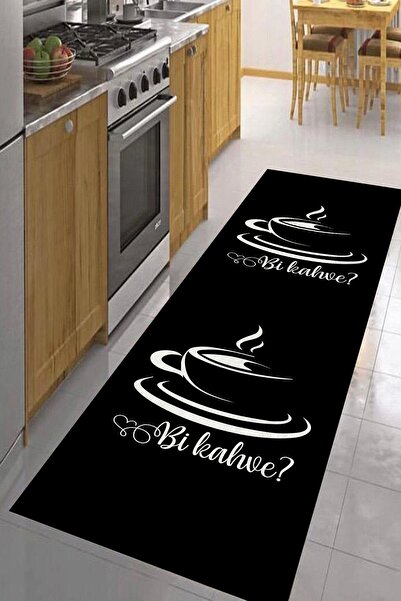 CAPPİO HALI Kahve Desenli Siyah Mutfak Halısı Makinada Yıkanabilir Kaymaz Der...