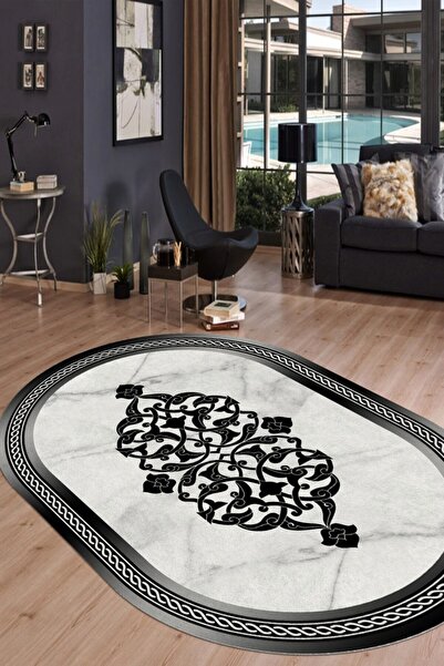 CAPPİO HALI Siyah Çerçeveli Mermer Zeminli Oval Halı (makinada Yıkanabilir Ka...