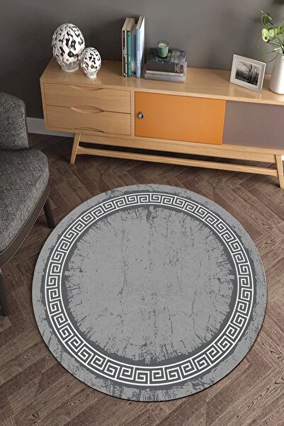 ESTA HALI Koyu Gri Zincir Desenli Eskitme Yuvarlak Halı (makinada Yıkanabilir...