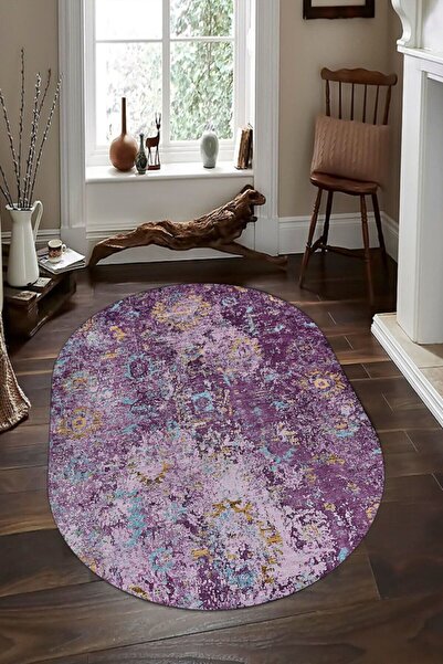 WOOLLY HOME COLLECTİON Mor Etnik Desenli Oval Halı (makinada Yıkanabilir Kaym...