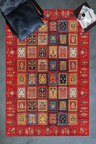 ESTA HALI Kırmızı Afgan Desenli Halı (makinada Yıkanabilir Dot/keçe Taban) - ...
