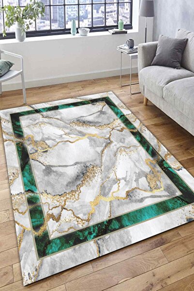 CAPPİO HALI Yeşil Şeritli Mermer Desenli Halı (makinada Yıkanabilir Kaymaz Do...
