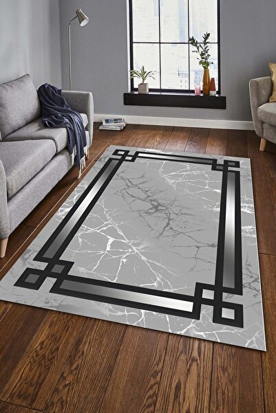 CAPPİO HALI Şerit Detaylı Gümüş Mermer Desenli Halı (makinada Yıkanabilir Kay...