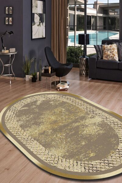 CAPPİO HALI Gold Eskitme Desenli Oval Halı (makinada Yıkanabilir Kaymaz Dot Taban) - Cp1185