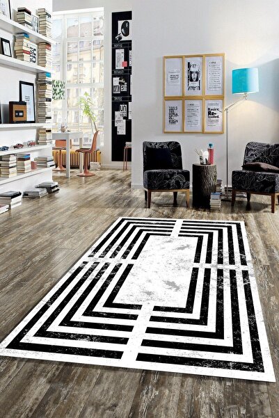 CAPPİO HALI Siyah Beyaz Labirent Halı (makinada Yıkanabilir Kaymaz Dot Taban)...