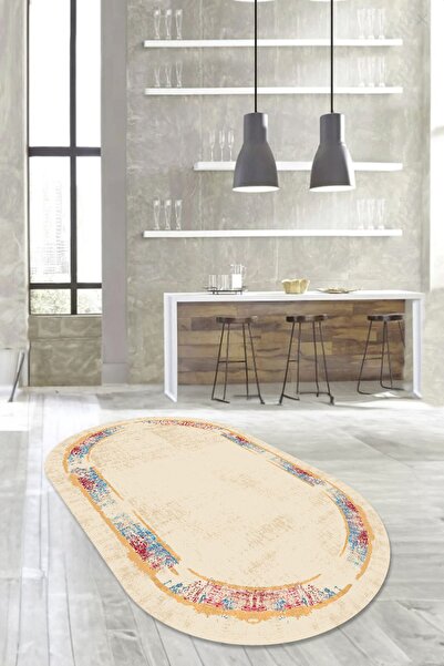 CAPPİO HALI Dijital Baskılı Makinada yıkanabilir Oval Salon Halısı Mutfak Hal...