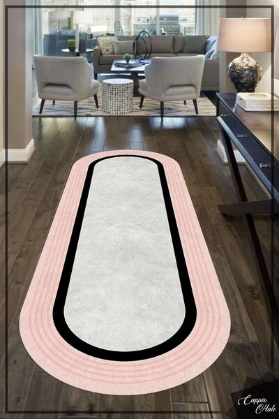 CAPPİO HALI Somon Pembesi-siyah Şeritli Oval Halı (makinada Yıkanabilir Kayma...