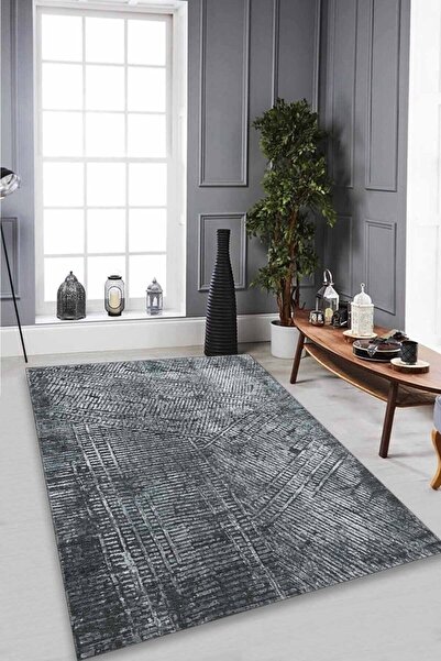 CAPPİO HALI Eskitme Çizgisel Antrasit Halı (makinada Yıkanabilir Kaymaz Dot T...