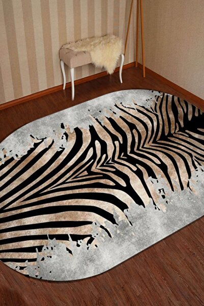 CAPPİO HALI Zebra Desenli Oval Halı Makinada Yıkanabilir Kaymaz Dot Taban Cp1123