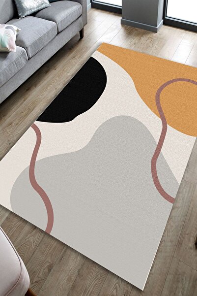 CAPPİO HALI Turuncu-gri Tuval Desenli Halı (makinada Yıkanabilir Kaymaz Dot T...