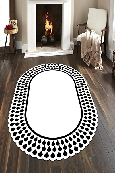 CAPPİO HALI Beyaz-siyah Damla Desenli Oval Halı (makinada Yıkanabilir Kaymaz ...
