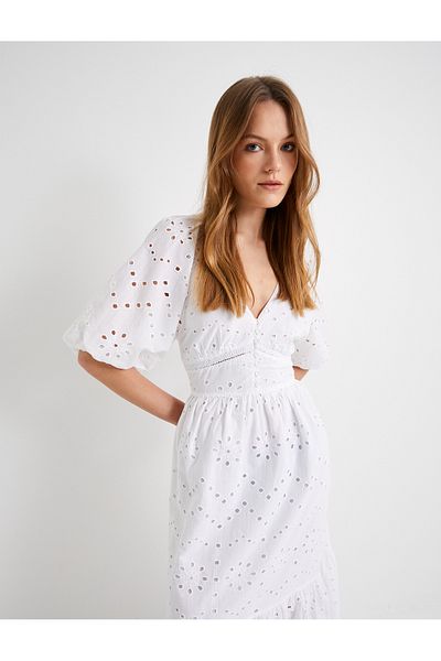 Koton Deep Low-cut Long Scallop Dress with Balloon Sleeve and Buttons