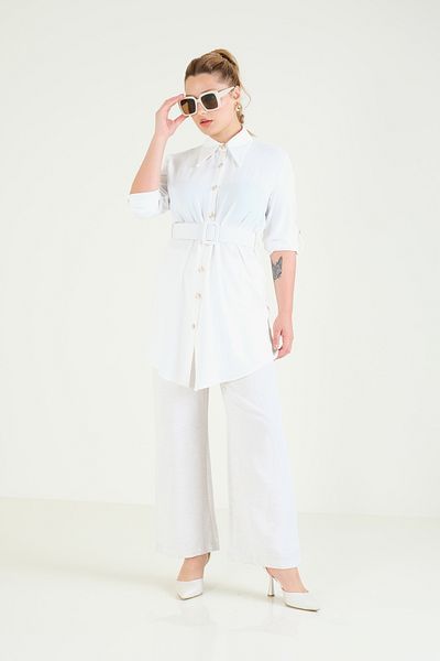 Giyim Dünyası Ecru Women's Tunic - Waist Belt Design