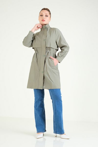 Giyim Dünyası Khaki Women's Trench Coat - Parachute Fabric, Elastic Waist